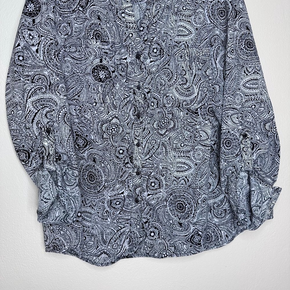 Notations Black White Paisley Long Tab Sleeve Blouse Women Size 2X - Picture 3 of 9